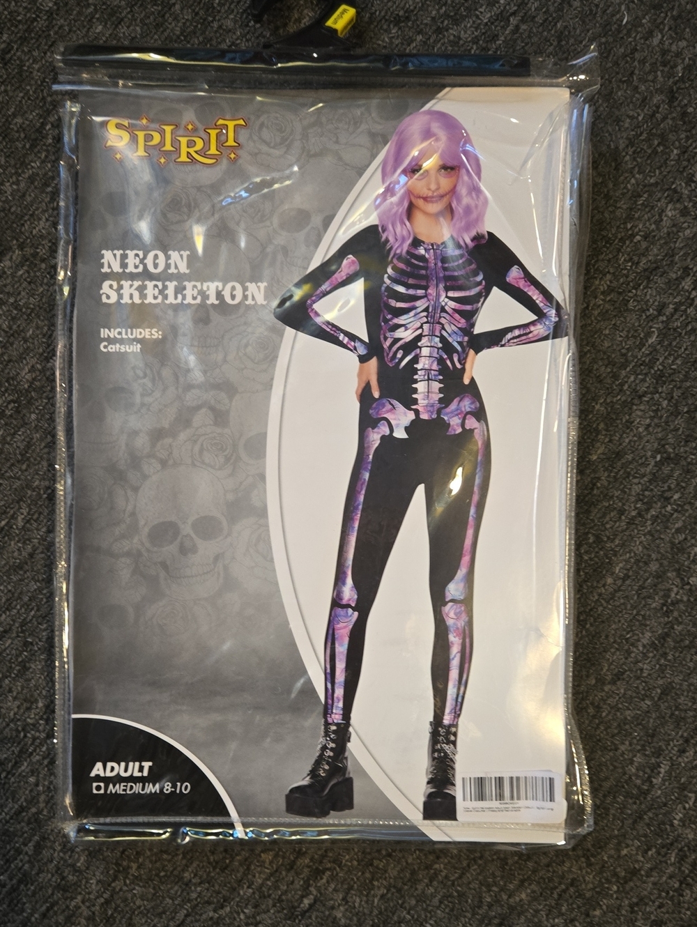 Adult Spirit Neon Skeleton Catsuit - Black with Purple and Pink Skeletal Print
